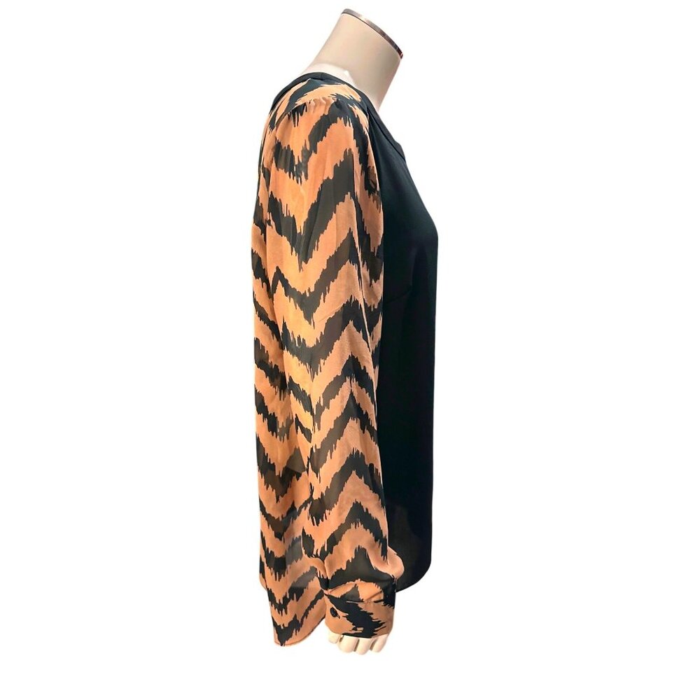 AB Studio Sheer Chevron Blouse Black Beige Long Sleeve Lightweight Bohemian Chic - Picture 6 of 13